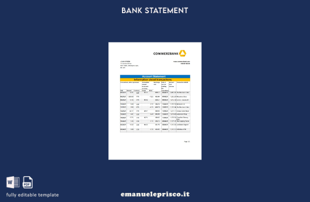 modello Excel di estratto conto bancario Belize Commerzbank in stile verificato